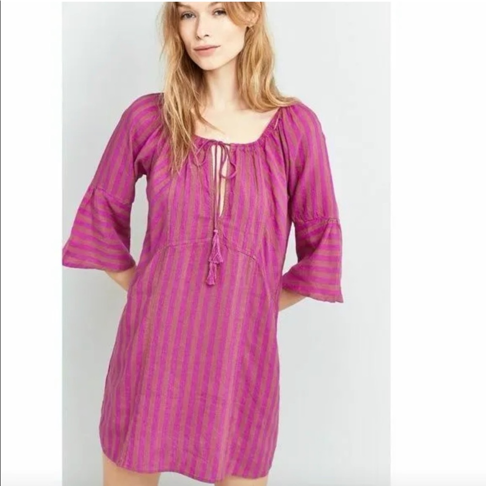 Free People Folk Town Purple Stripe 3/4 Sleeve Short Linen Blend Dress